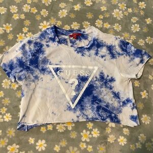 Guess Blue and White Tie-Dye Logo Crop Top